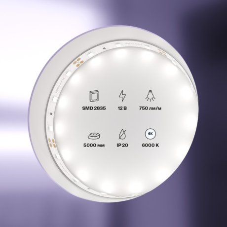 5м. Светодиодная лента холодного цвета 6000К, 7.2W, 12V, 60LED, IP20 Led strip 20003