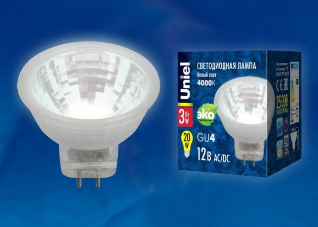 Лампа светодиодная Uniel GU4 3W 4000K LED-MR11-3W/NW/GU4 GLZ21TR  (UL-00001701)