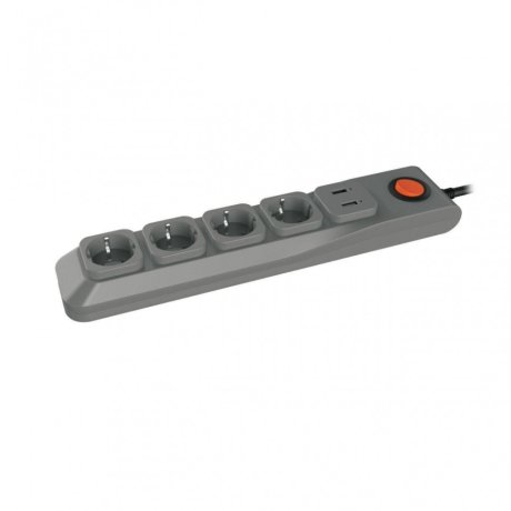 S-GSL5-3U Grey Cетевой фильтр с заземлением, 4 гнезда, ПВС 3x0,75, 3м, 1USB1A. 10А. Защита от перенапряжения, короткого замыкания Uniel Lux UL-00001761