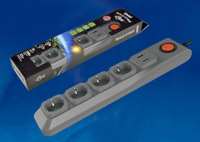 S-GSL5-3U Grey Cетевой фильтр с заземлением, 4 гнезда, ПВС 3x0,75, 3м, 1USB1A. 10А. Защита от перенапряжения, короткого замыкания Uniel Lux UL-00001761