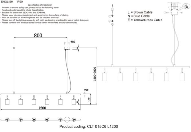 Подвесной светильник Crystal Lux CLT 015C6 L1200 BL-GO