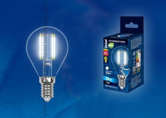 Филаментная лампа E14 6W 4000K (белый) Sky Uniel LED-G45-6W-NW-E14-CL PLS02WH (UL-00001371)