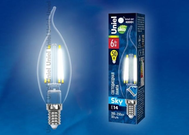 Лампа светодиодная филаментная (UL-00001374) Uniel E14 6W 4000K прозрачная LED-CW35-6W/NW/E14/CL PLS02WH