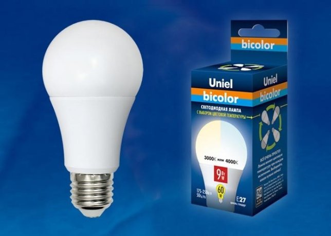 Светодиодная лампа E27 9W 4000K (белый) Bicolor Uniel LED-A60-9W-WW+NW-E27-FR PLB01WH (UL-00001569)