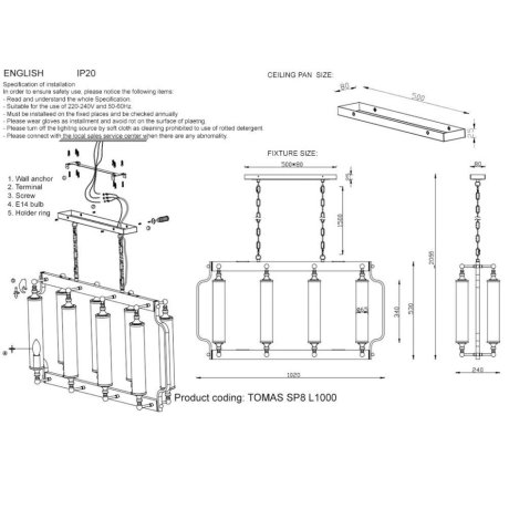 Подвесная люстра Crystal Lux с лампочками TOMAS SP8 L1000 CHROME+Lamps E14 Свеча