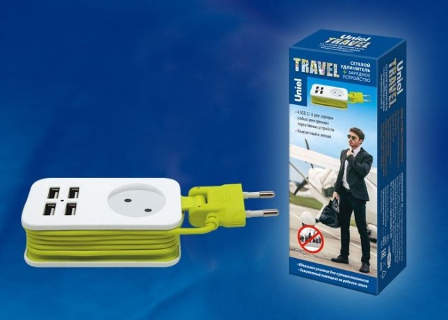 Сетевой удлинитель + зарядное устройство Uniel Travel S-CT1-1,5U WHITE/GREEN (UL-00003331)