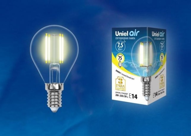 Филаментная лампа E14 7,5W 3000К (теплый) Air Uniel LED-G45-7.5W-WW-E14-CL GLA01TR (UL-00003250)