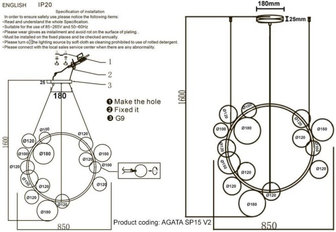 Подвесная люстра Crystal Lux с поддержкой Алиса AGATA SP15 V2 BLACK/TRANSPARENTE-А