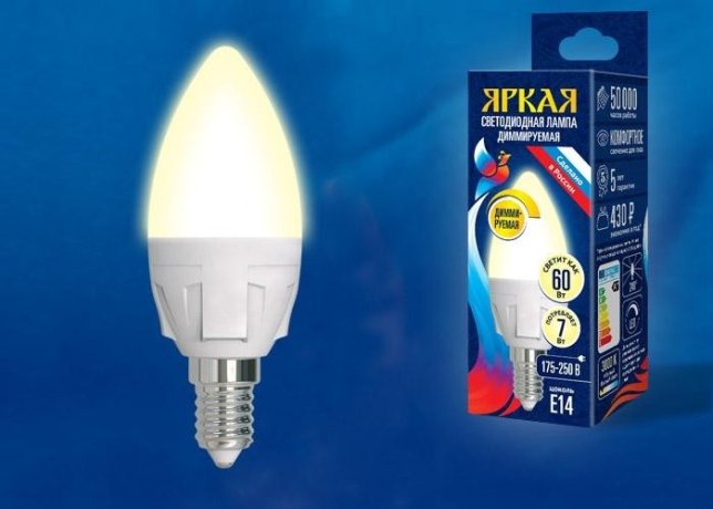Диммируемая светодиодная лампа E14 7W 3000K (теплый) Uniel LED-C37 7W-3000K-E14-FR-DIM PLP01WH (UL-00004296)
