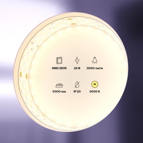 5м. Светодиодная лента теплого цвета, 3000К, 27W, 24V, 60LED, IP20  Led strip 20031