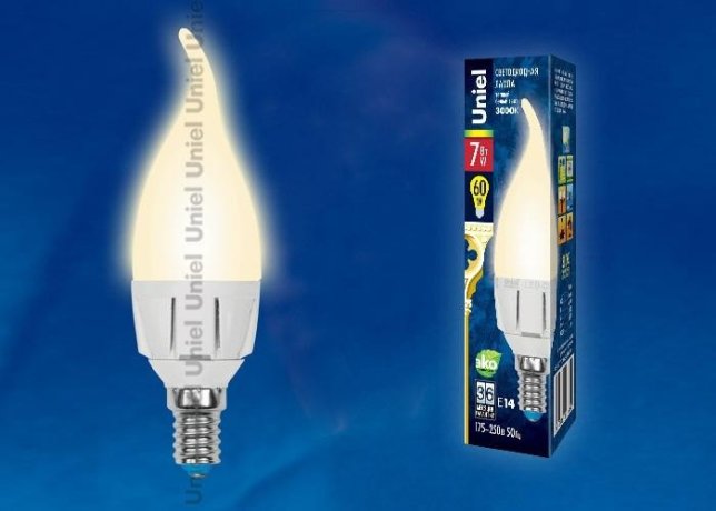 Светодиодная лампа E14 7W 3000K (теплый) Uniel LED-CW37 7W-WW-E14-FR PLP01WH (UL-00002416)