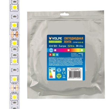 Светодиодная лента Volpe (UL-00004541) 7,2W/m 30LED/m 5050SMD RGB 5M ULS-Q210 5050-30LED/m-10mm-IP20-DC12V-7,2W/m-5M-RGB