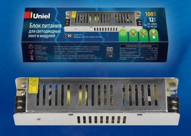 Трансформатор для светодиодной ленты 12V, 100W, IP20 Uniel UET-VAS-100A20 - (UL-00004329)