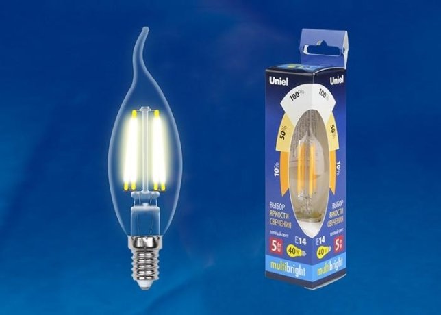Лампа светодиодная филаментная Uniel E14 5W 3000K прозрачная LED-CW35-5W/WW/E14/CL/MB GLM10TR