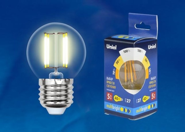Филаментная лампа E27 5W 3000К (теплый) Multibright Uniel LED-G45-5W-WW-E27-CL-MB GLM10TR (UL-00002370)