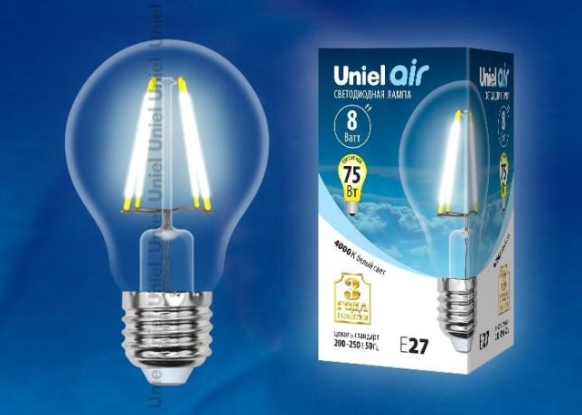Филаментная светодиодная лампа E27 8W 4000К (белый) Air Uniel LED-A60-8W-NW-E27-CL GLA01TR (UL-00002212)
