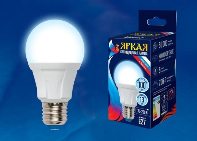 Светодиодная лампа E27 13W 6500K (холодный) Uniel LED-A60 13W-6500K-E27-FR PLP01WH (UL-00005032)