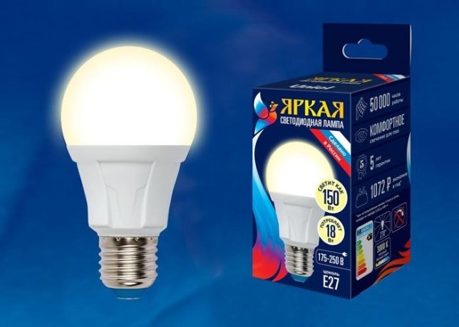 Лампа светодиодная (UL-00005036) Uniel E27 18W 3000K матовая LED-A60 18W/3000K/E27/FR PLP01WH