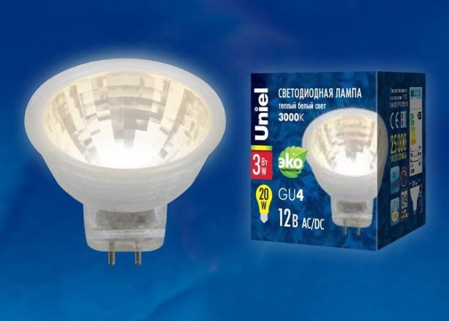 Лампа светодиодная (UL-00001700) Uniel GU4 3W 3000K прозрачная LED-MR11-3W/WW/GU4 GLZ21TR